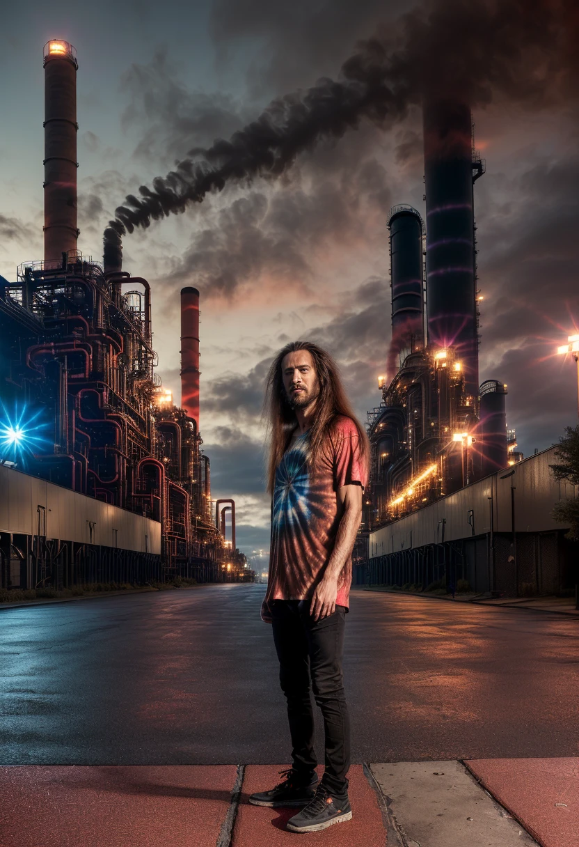 ((best quality)), ((masterpiece)), ((ultra realistic)), (dark), award winning glamor photograph, (1man, body shot, long haired hippy, tie dye t shirt, standing on the sidewalk:1.4) , sprawling industrial complex background, at night, (industrial gasoline processing plant background:1.3), (towering chimneys:1.4), masterpiece, realistic, roughness, ultra realistic, photographed on a Canon EOS R5, 50mm lens, muted colors, F/2.8, HDR, 8k resolution, highres, high detail, sharp focus, dynamic angle, smooth, roughness, real life, photorealism, photography, 8k uhd, (amber red and black color palette:1.5)