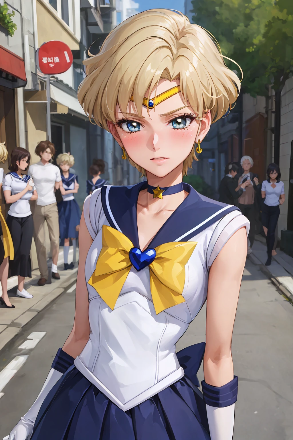 (best quality:1.1), (masterpiece:1.4), (absurdres:1.0), portrait, close-up,
1girl, sailor uranus, KizukiAi, mature woman, small breasts, aqua eyes, blonde hair, sailor senshi uniform, sailor collar, chest bow, back bow, plead skirt, white elbow gloves, city, street, alley, (blush:1.2), looking at viewer, (smile:1.2),
 <lora:Kizuki - Sailor Moon - Sailor Uranus:0.85>