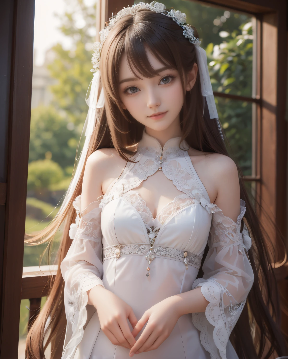 1girl , very long hair, best quality, masterpiece, portrait, a photography of a beautiful girl, detailed face, sweet smile, (blush:1.2), ((torso)),pov, (((depth of field))), pale and lustrous skin,