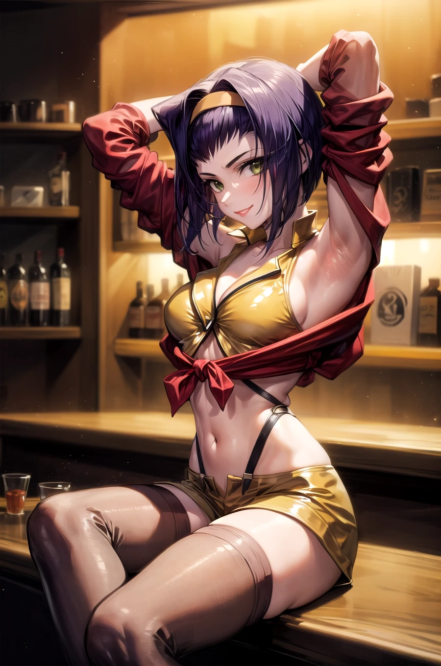 (masterpiece,best quality, detailed), 1girl, solo, looking at viewer, arms behind head, armpits, bar \(place\), indoors, cocktail glass, knee up, sitting, smile,
faye valentine, yellow hairband, yellow shorts, thighhighs, suspenders, midriff, yellow crop top, ((red shirt)), tied shirt, off shoulder, long sleeves
 <lora:FayeValentineV3-000006:1>,  <lora:more_details:0.5>