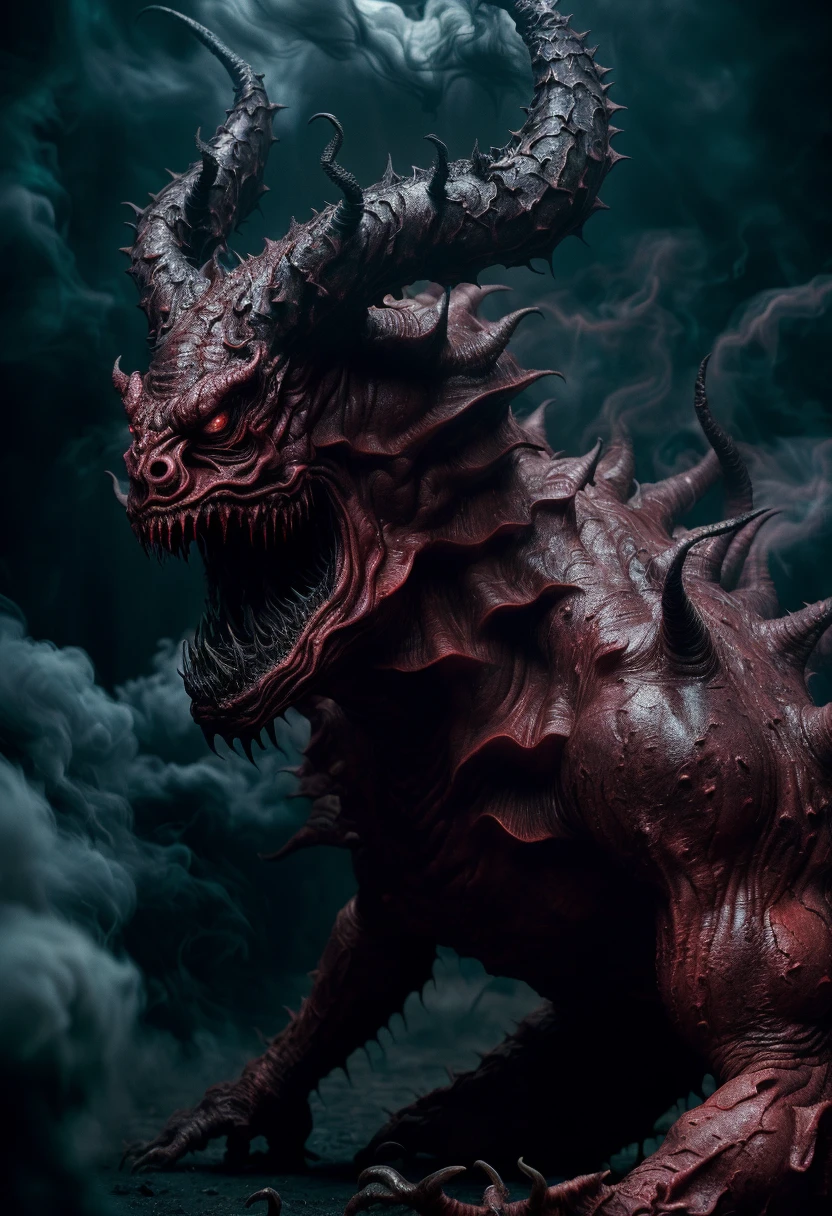 ((best quality)), ((masterpiece)), ((ultra realistic)), ((dark fantasy style)), majestic intricately detailed soft oil painting from diablo of a horrifying red-skinned male demon king, (full body portrait:1.3), (detailed monstrous evil face:1.4), screaming, wide spread bat like wings, (detailed scaly skin texture:1.2), long curved horns, (in hell, swirling tormented souls, billowing smoke:1.5), black spiky armor, deep shadows, dynamic angle, professional, soft lighting, smooth, roughness, real life, cinematic Film still from (evil dead:0.4)|Scary Stories To Tell In the Dark|(doom:0.9)|the void