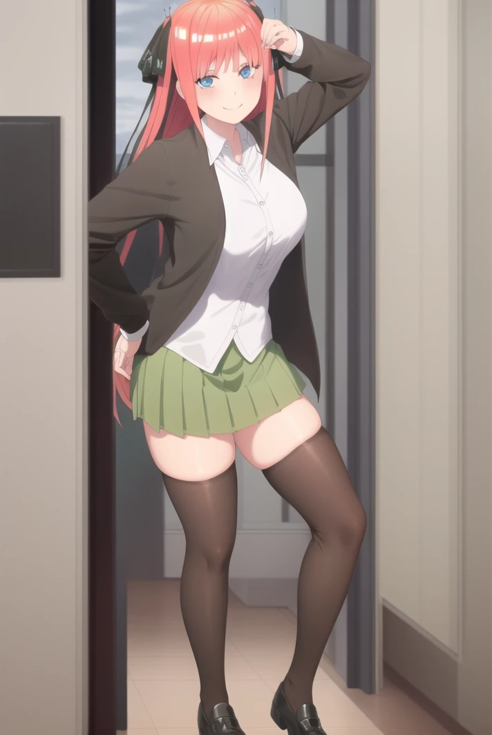 (very detailed background:1.0), (highly detailed background:1.0), (Masterpiece), High Quality, (1girl, solo),
<lyco:Nino-01:1>, standing, smile, white shirt, pleated skirt, green skirt, white thighhighs, black loafers, full body, blue eyes, black jacket, looking at viewer,