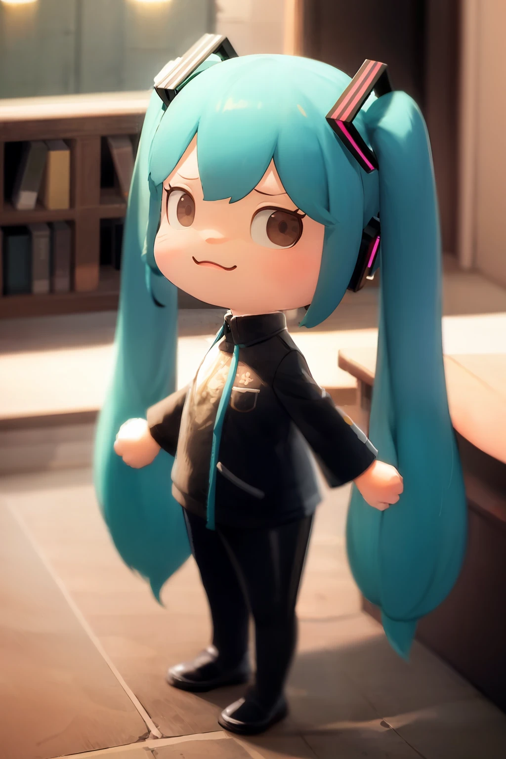 masterpiece, best quality,  <lora:ach02-000010:1>,chibi,1girl,hatsune miku, green hair,long hair,twintails, headgear,