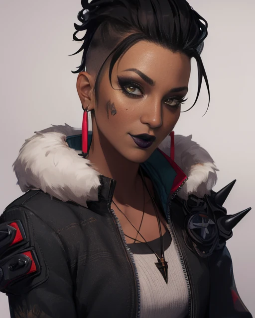 MadMaggie, hair slicked back, yellow eyes, black lips,makeup,eyeshadow, black nails,facial tattoo , solo, standing, upper body, leaning forward, looking a viewer,
Madattire,black jacket,spikes,white shirt ,black footwear, black fingerless gloves,earrings,fur trim,necklace,
(insanely detailed, beautiful detailed face, masterpiece, best quality) <lora:Maggie-10V2:0.8>