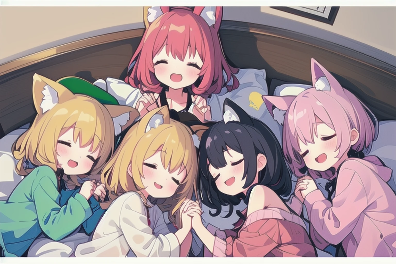 (6+girls:1.3), <lora:SleePeace2:0.95>, (sleepeace:1.2), fox ears, fox_tail, wavy_mouth, on back,  sunlight, holding hands with others, pajamas, dynamic pose,