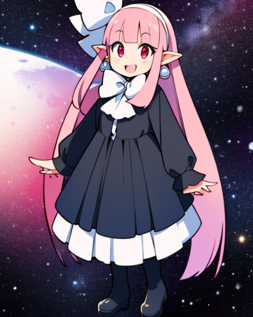 Witch.long pink hair,pointy ears,red eyes , smiling, standing, full body,
WitDres,black dress, white ribbon, white hairband,long sleeves,earrings, black boots,
outer space, fun park, stars,
(insanely detailed, beautiful detailed face, masterpiece, beautiful detailed eyes, best quality) <lora:Witch:0.8>