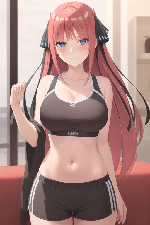 (very detailed background:1.0), (highly detailed background:1.0), (Masterpiece), High Quality, 1girl,
<lyco:Ninov2-04:0.55>, pink hair, long hair, blue eyes, black hair ribbon, large breasts, blush, blush lines,
lounge shorts, navel, sports bra, seductive pose, seductive smile,
