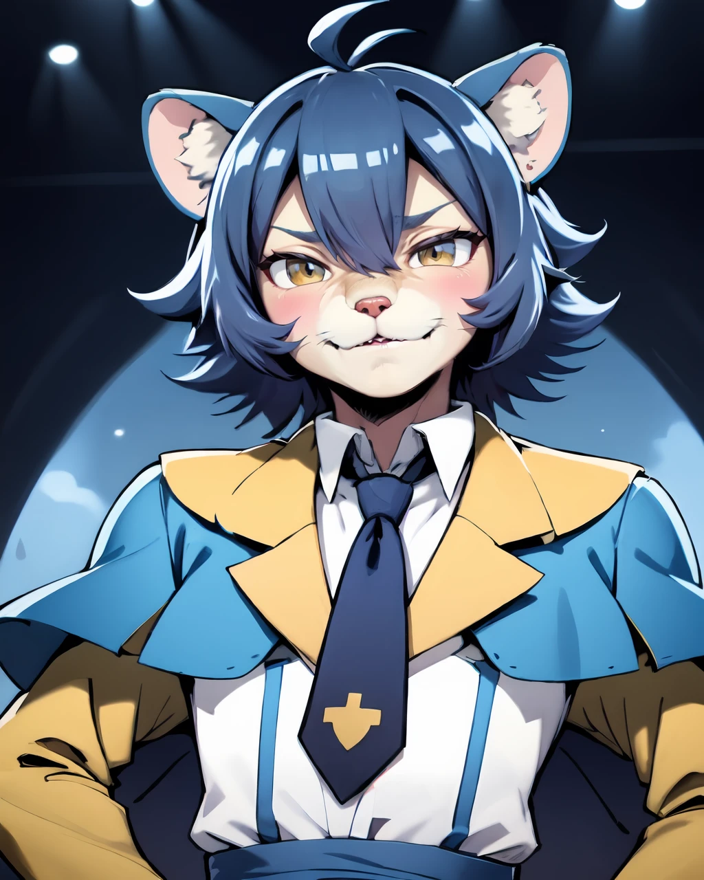 <lora:There_there3:0.7>,Cape, Upper_body, Rearend, Evil smile, Contrapposto, Highres, (Old_man:1.4), Commentary_request, Olive, Lion_ears, Ahoge, Tie, (blue_hair:1.3), furry