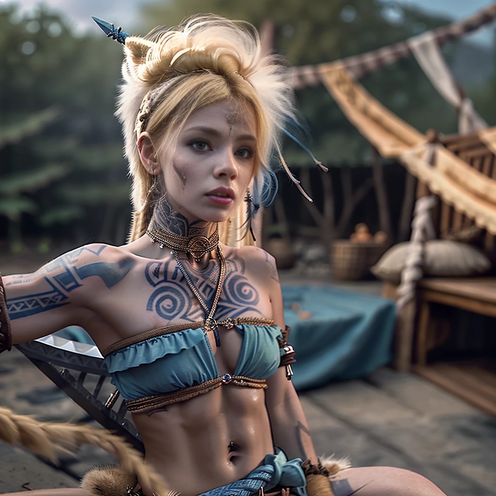  <lora:RPGBarbarian:1>(barbarian:1.2) 1girl, arm tattoo, (crop top:1.2), (blonde hair:1.1) (blue eyes:1.1) (small breasts:1.1) nose piercing, navel, facial mark, outdoors, scar, open mouth, depth of field, blurry background, desert, (realistic:1.3)  (looking at viewer:1.2) (knife:1.1)