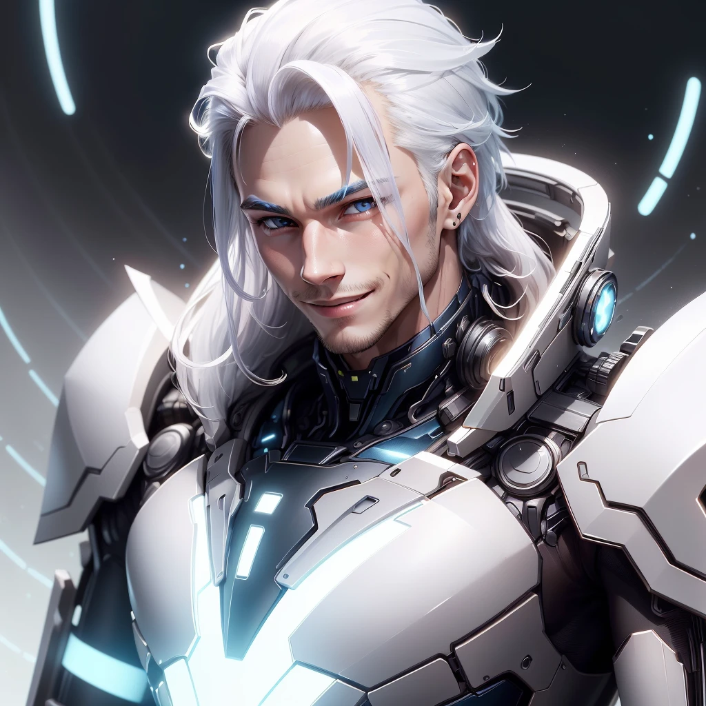 <lora:NeoFuturisticTech-20:0.8>,neotech,sleek, scholar , scroll, 1boy,long hair, blue skin,white hair, blue eyes, smile ,closed mouth,masculine face