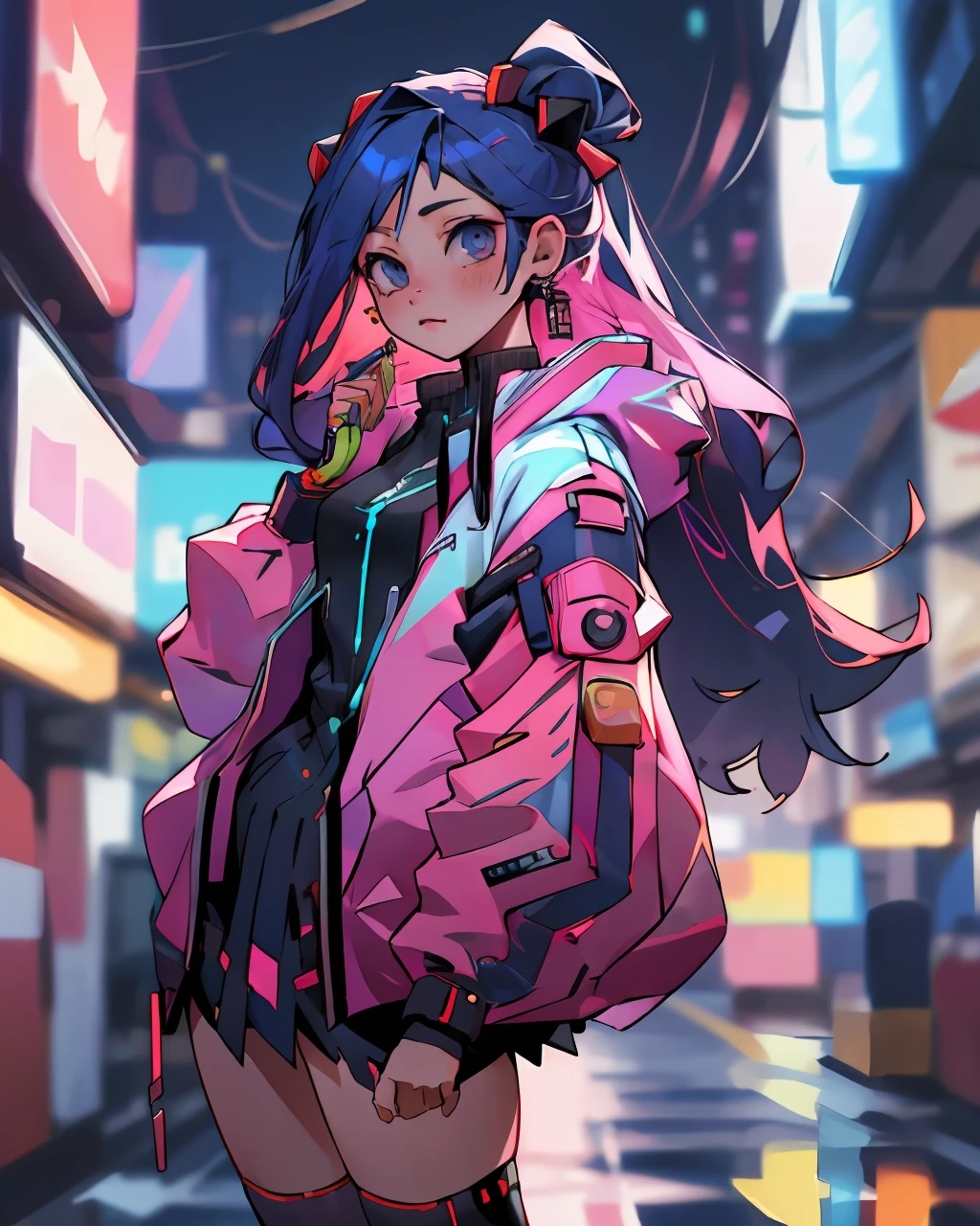 best quality, cyber sttyle girl, 1girl, solo, long hair, blurry background, <lora:cyber_style_girl_v1:0.7>