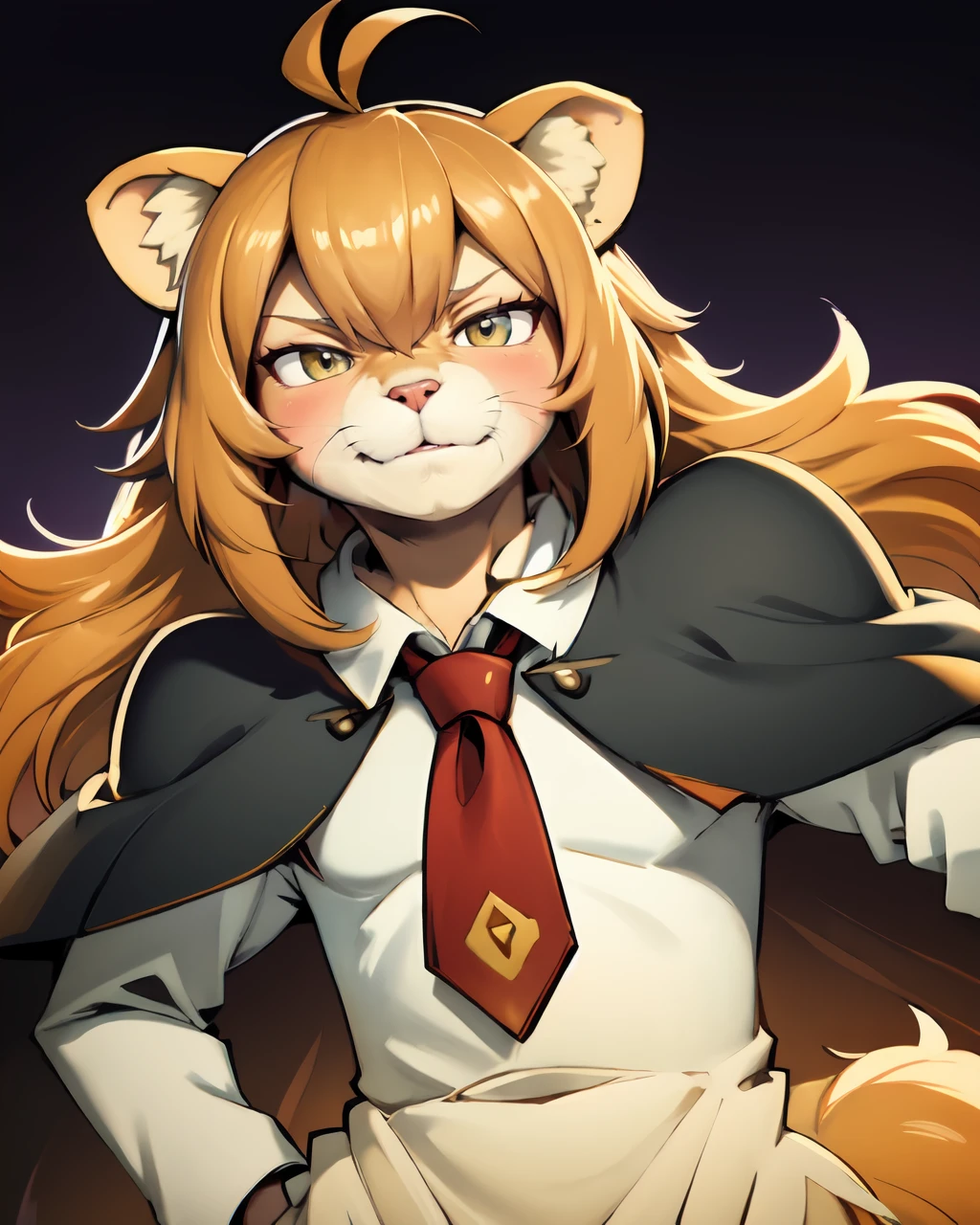 <lora:There_there3:0.7>,Cape, Upper_body, Rearend, Evil smile, Contrapposto, Highres, (Old_man:1.4), Commentary_request, Olive, Lion_ears, Ahoge, Tie, (blonde hair:1.3), furry