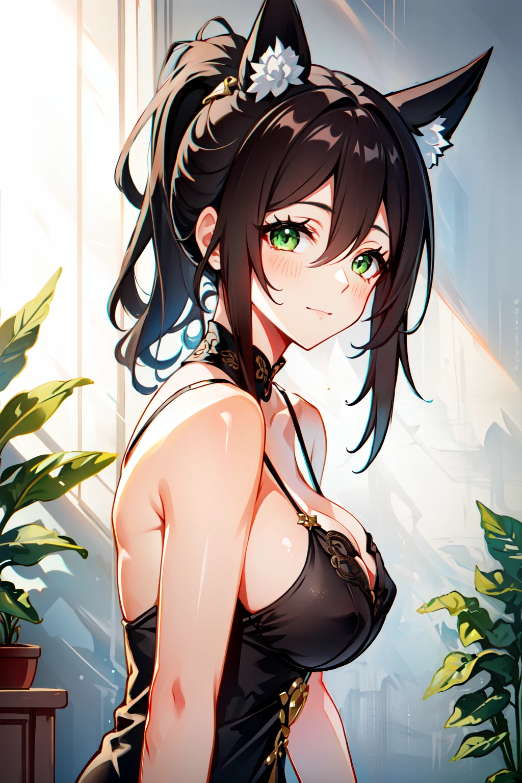 <lora:tingyun:0.7> tingyun(hsr), 1girl, ponytail, green eyes, brown hair, ( wearing satin slip dress with a thigh-high slit ), arms are hidden, intricate details, enhanced lighting , (upper body, portrait