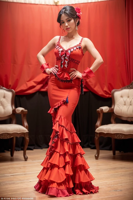a woman is posing for a photo,(wearing flamenco_dance_dress:1.3), red dress,
good hand,4k, high-res, masterpiece, best quality, head:1.3,((Hasselblad photography)), finely detailed skin, sharp focus, (cinematic lighting), collarbone, night, soft lighting, dynamic angle, [:(detailed face:1.2):0.2],(((inside theater))),     <lora:flamenco_dance_dress-10:0.5>