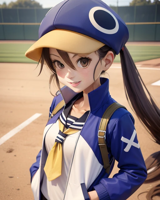 Fuka, brown hair with twintails, brown eyes, smiling, upperbody, hands in jacket pockets,
FuBB,blue headwear ,school uniform ,open jacket,yellow front-tie top, blue thighhighs,
baseball field, morning,
(insanely detailed, beautiful detailed face, masterpiece, best quality) <lora:Fuka:0.8>