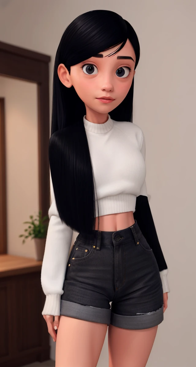 <lora:VRAMsViolet640:0.5>, xyzviolet, 1girl, closeup, masterpiece, beautiful, closeup, portrait, long hair, midriff, black hair, shorts, sweater, skinny,