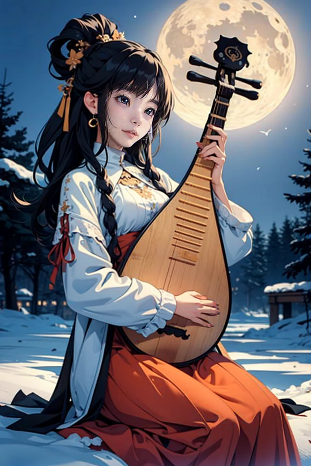 1girl, (playing_pipa, holding pipa), moon, black hair, snow, masterpiece, best quality, 8k, close up, <lora:pipa_v1a:0.73>, sitting