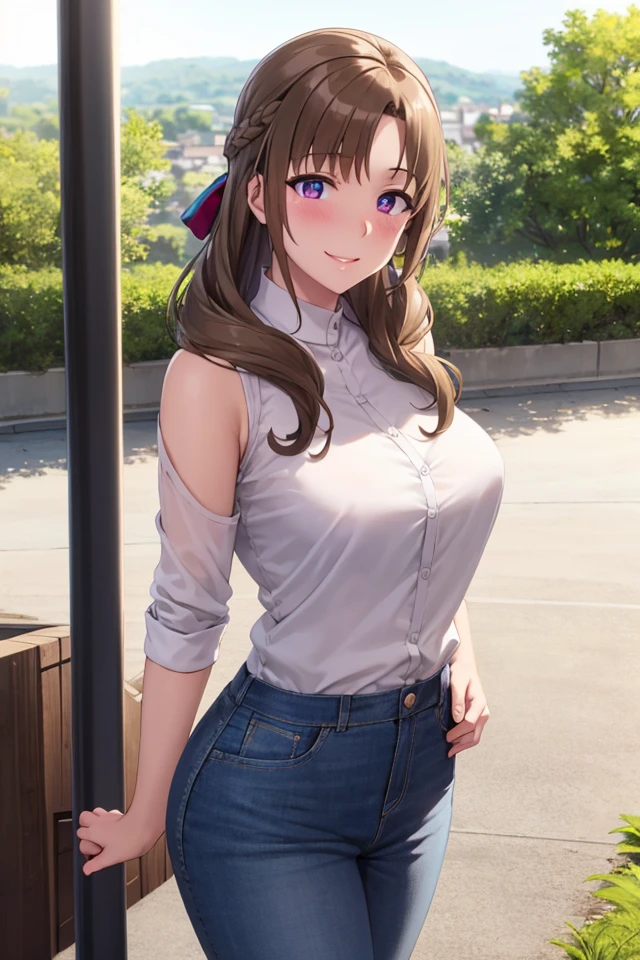 masterpiece, (best quality), 1woman,1girl ,mamako_oosuki,   brown hair,  long hair, french braid, purple eyes,mature female, white shirt, pants, sweater,big breasts, ribbon,sexy woman,smile,  ,closed clothes, embarrassed,blush,  bare shoulders, vibrant colors ,natural lighting  ,RTX,  , beautiful, (detailed face:1.2), showcase, (perfect eyes:1.1) ,(photorealistic:1.1), 8k uhd,  looking at viewer, outdoors,  simple backround,