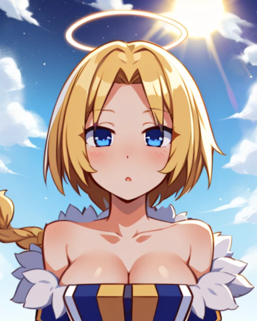 CelestialHostess,blonde hair with a single braid, blue eyes, short hair, solo, floating, upper body, arms out, 
CeleDre,cleavage,dress,fur trim,halo above head,
in the sky, clouds,  sun,  stars,
(insanely detailed, beautiful detailed face, masterpiece, best quality)   <lora:CelestialHostess:0.8>