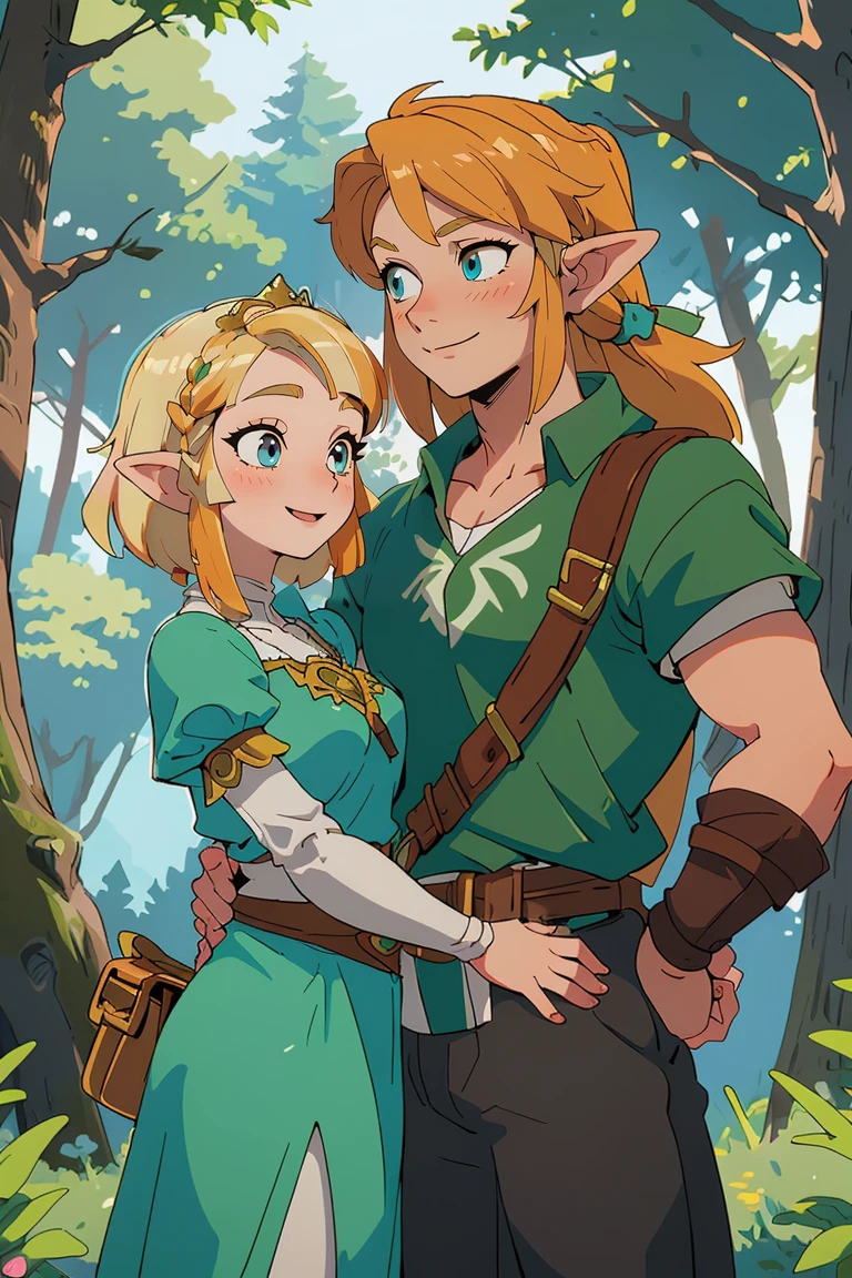 (masterpiece, best quality), (couple), princess zelda, link, happy, forest, blonde,