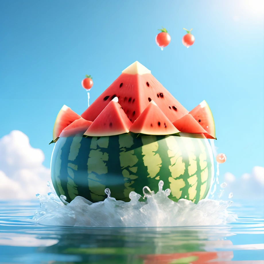 <lora:C4D:0.8>,c4D, cute, many animals,watermelon, summer,water splash.