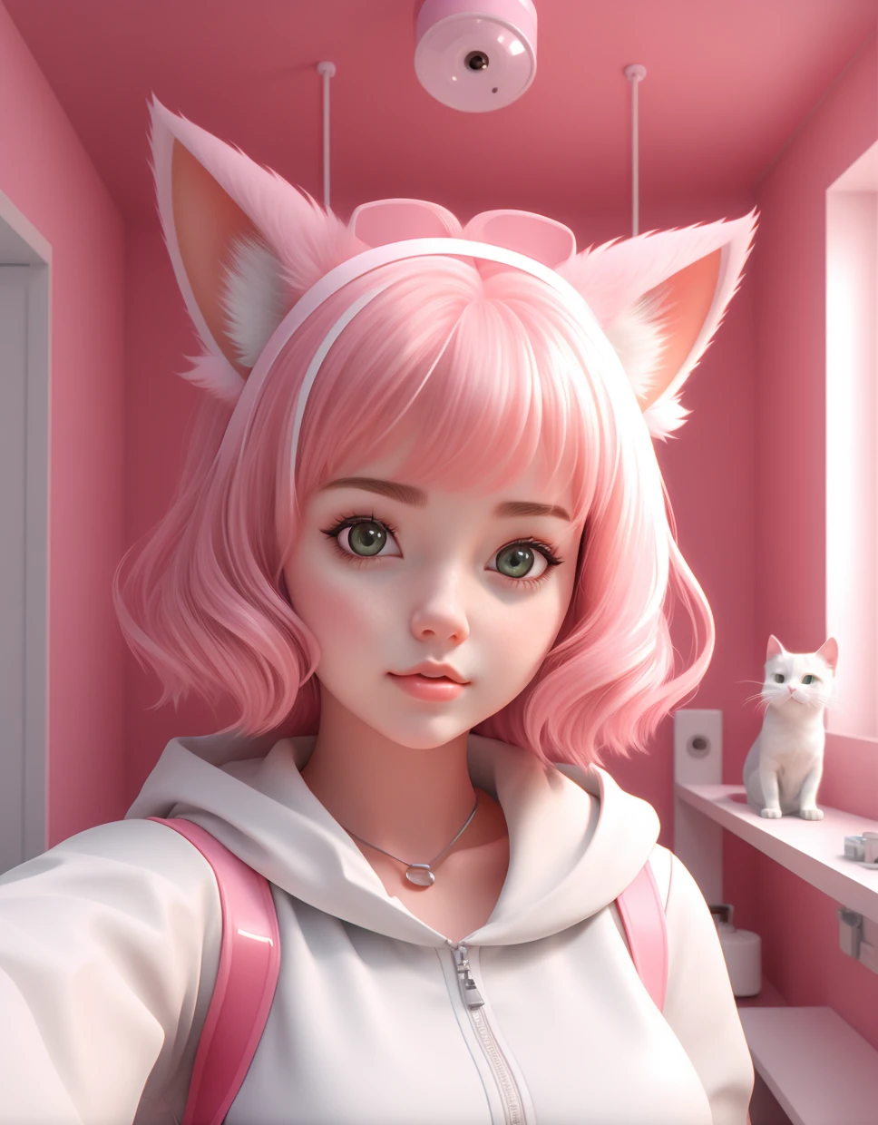 c4d, pvc, 1girl, with a cat,cute,  <lora:C4D:0.6>,pov, selfie, masterpiece, best quality,