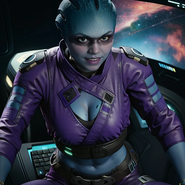 Peebee,blue skin, black eye paint, solo, upper body, smiling, close up, sitting,
PeBeG,purple jacket ,midriff,pants,belt ,black footwear ,gloves , cleavage, cutout,
space pod, neon lights, computers,
(insanely detailed, beautiful detailed face, masterpiece, best quality) <lora:Peebee:0.8>