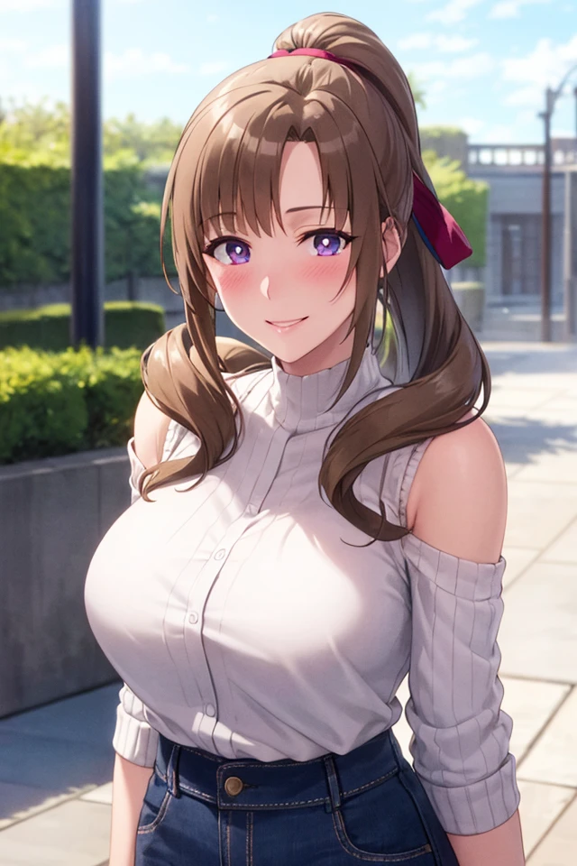 masterpiece, (best quality), 1woman,1girl ,mamako_oosuki,   brown hair,  long hair,  (ponytail), purple eyes,mature female, white shirt, pants, sweater,big breasts, ribbon,sexy woman,smile,  ,closed clothes, embarrassed,blush,  bare shoulders, vibrant colors ,natural lighting  ,RTX,  , beautiful, (detailed face:1.2), showcase, (perfect eyes:1.1) ,(photorealistic:1.1), 8k uhd,  looking at viewer, outdoors,  simple backround,