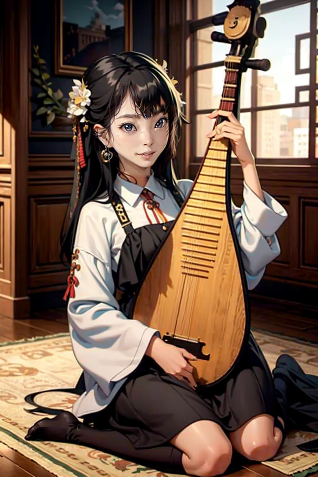 1girl, (playing_pipa, holding pipa), indoors, black hair, palace, masterpiece, best quality, 8k, close up, <lora:pipa_v1a:0.73>, sitting