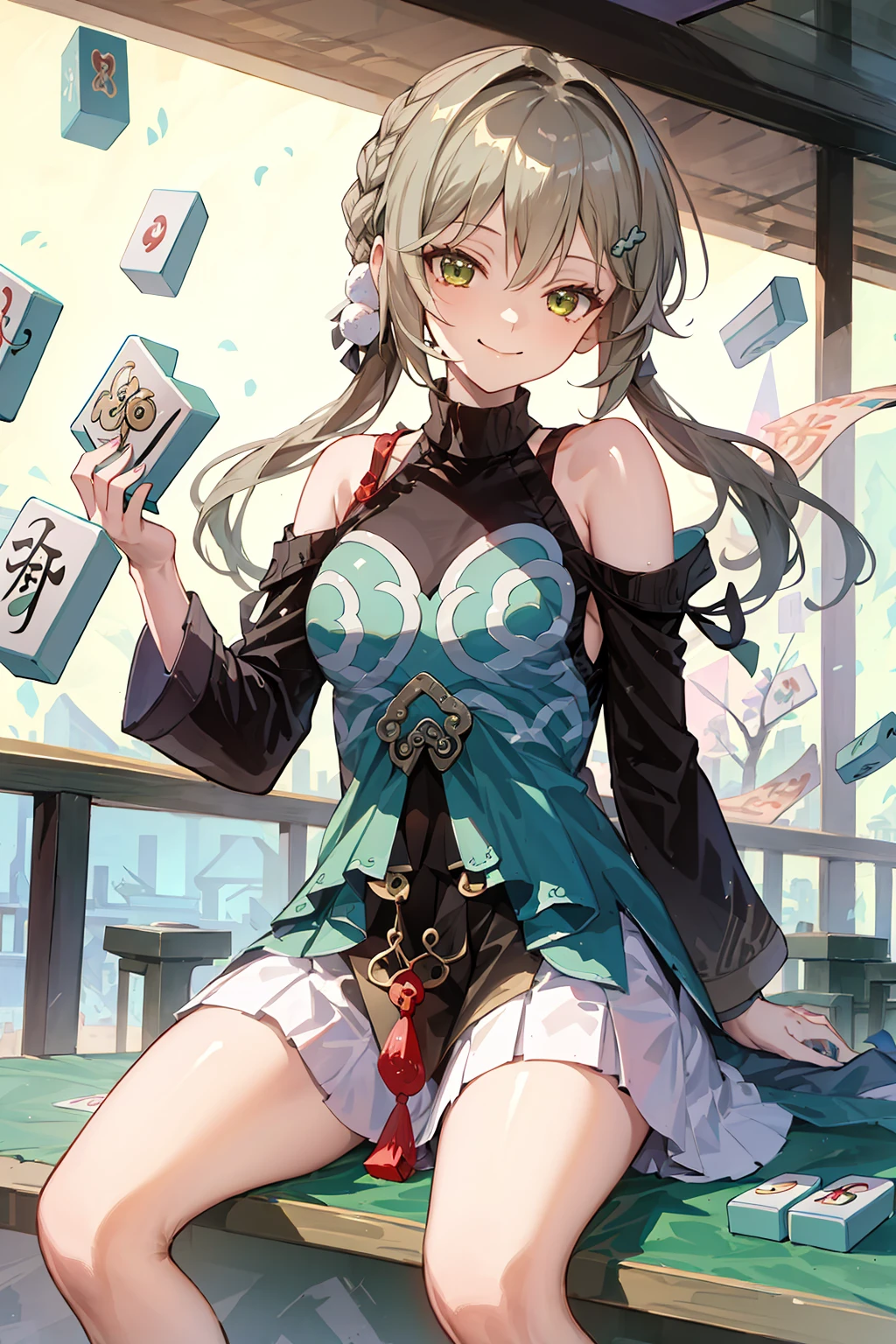 ((masterpiece,best quality)), highres, 1girl, qingque, smile, closed mouth, mahjong,