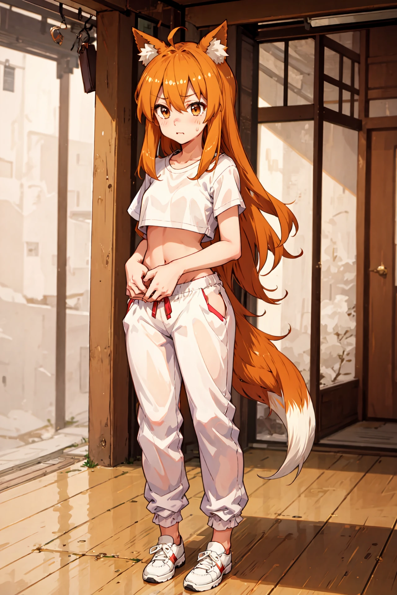 Masterpiece, best quality, perfect lighting, ((nice hands)), perfect hands, 1girl, solo, suzu, fox ears, fox tail, brown eyes, orange hair, sweatpants, crop-top, sweating, heavy breathing, bell hair ornament, full body pov, medium hair, ahoge, hair between eyes, closed mouth, <lora:Suzu:0.6>,