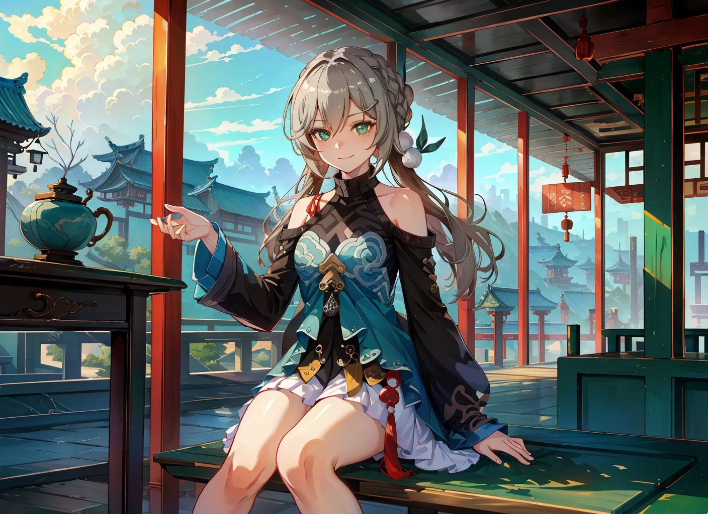 ((masterpiece,best quality)), highres, 1girl, qingque, smile, closed mouth, sitting, looking at viewer, east asian architecture,
