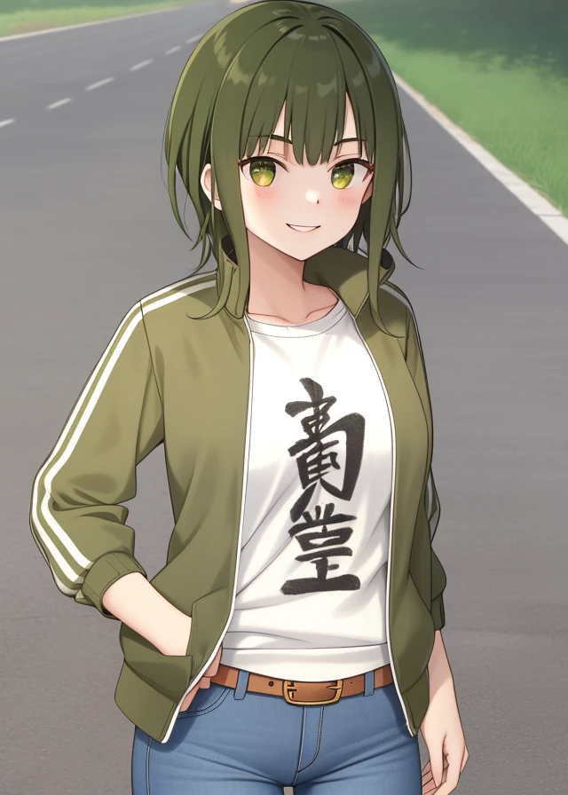 <lora:Shiratori_Utano-10:0.8>,1girl, solo,short hair, green eyes, green hair, belt, pants, denim, clothes writing, jeans,white shirt,open clothes,(green clothes,green track jacket:1.2),brown belt,smile,