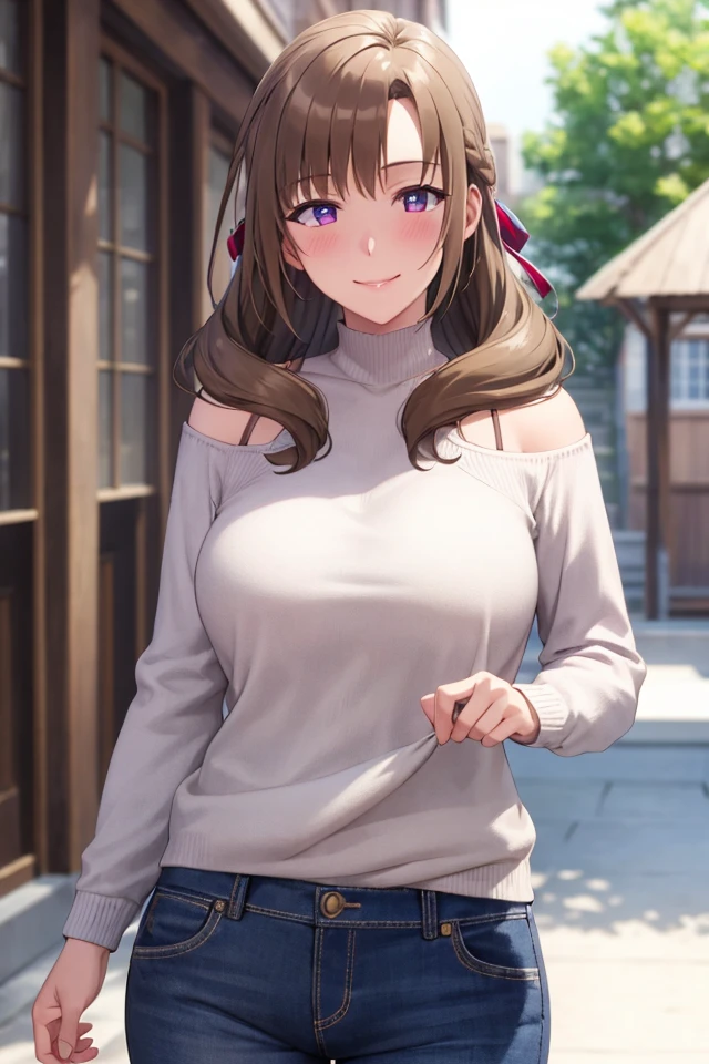 masterpiece, (best quality), 1woman,1girl ,mamako_oosuki,   brown hair,  long hair,  (hair down), purple eyes,mature female, white shirt, pants, sweater,big breasts, ribbon,sexy woman,smile,  ,closed clothes, embarrassed,blush,  bare shoulders, vibrant colors ,natural lighting  ,RTX,  , beautiful, (detailed face:1.2), showcase, (perfect eyes:1.1) ,(photorealistic:1.1), 8k uhd,  looking at viewer, outdoors,  simple backround,