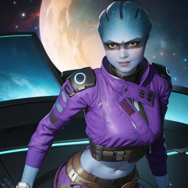 Peebee,blue skin, black eye paint, solo, upper body, smiling, close up, sitting,
PeBeG,purple jacket ,midriff,pants,belt ,black footwear ,gloves , cleavage,
space pod, neon lights, computers,
(insanely detailed, beautiful detailed face, masterpiece, best quality) <lora:Peebee:0.8>
