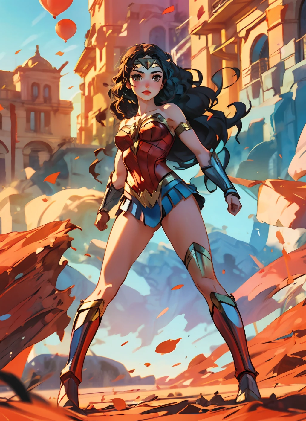 best quality, 1girl, solo, wonder woman, breasts, looking at viewer, full body, black hair, brown eyes, <lora:ww_v1:0.7>
