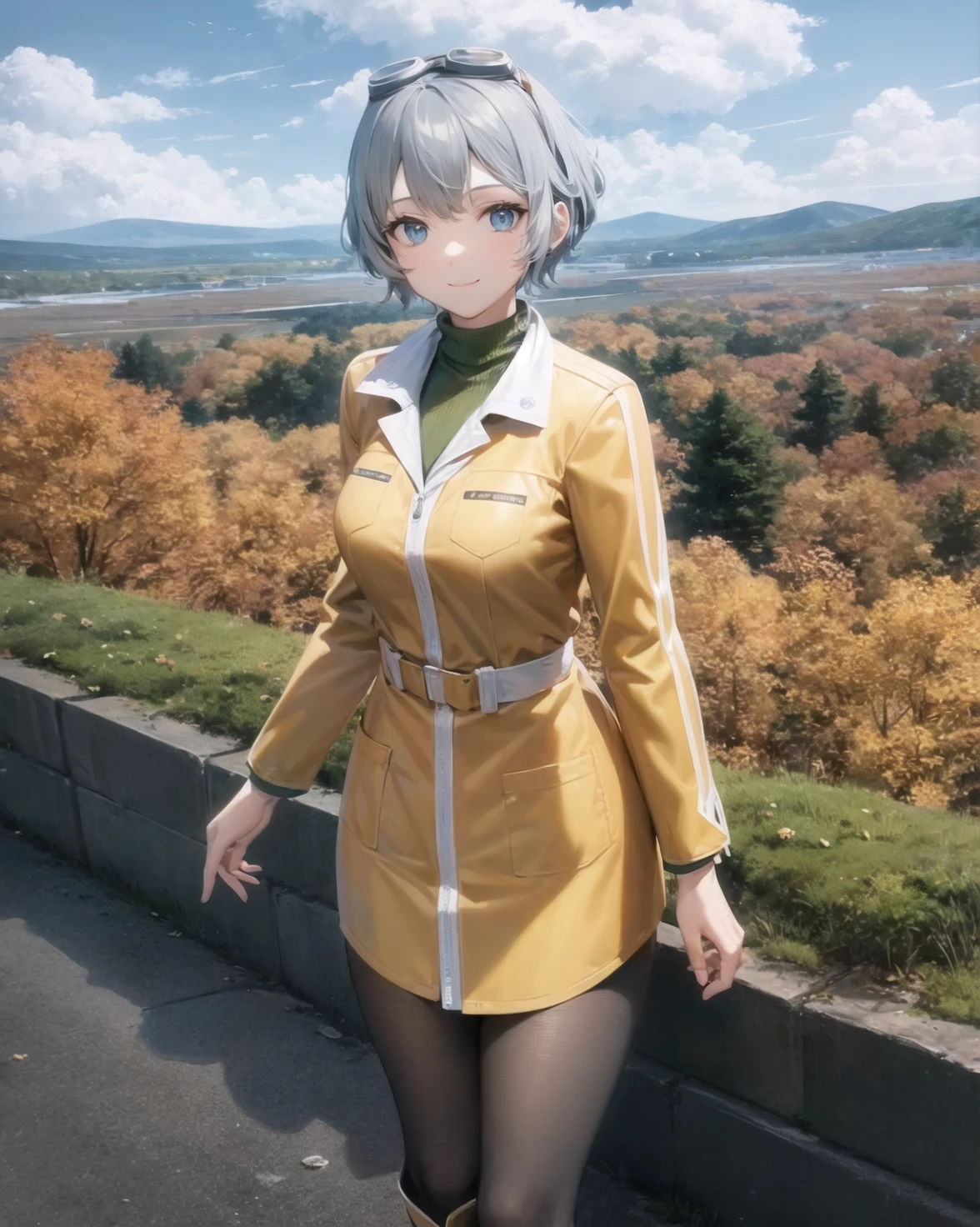 best quality, (masterpiece:1.2), illustration, absurdres,
(1girl, solo), (beautiful detailed girl),
<lora:Grace:0.9>, Grace Lynn, grey hair, short hair, blue eyes, medium breasts,
goggles, goggles_on_head, eyewear_on_head,
yellow coat, green sweater under coat, white_pantyhose, (brown_boots),
(cowboy shot),,
overlooking distant mountains, distant river, (pine forest), autumn colors, sky, clouds, intricate, detailed background,,
smile, looking at viewer,