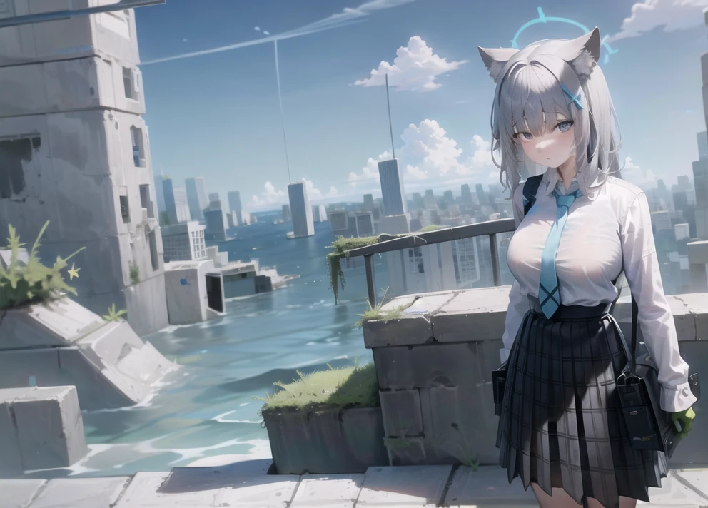 fake screenshot,masterpiece, best quality, absurdres, ruins, city,building,ocean, 1girl, solo, standing, close-up, rooftop, looking at viewer, sunlight, sunbeam, cloudy sky, , mossy, overgrown, decay, rubble, debris, water , school uniform,huge breasts , <lora:GoodHands-beta2:1>, <lora:Submerged ruins-v1.1-000004:0.6>, <lora:sunaookamiShiroko_v1:1>,school uniform, animal ears,