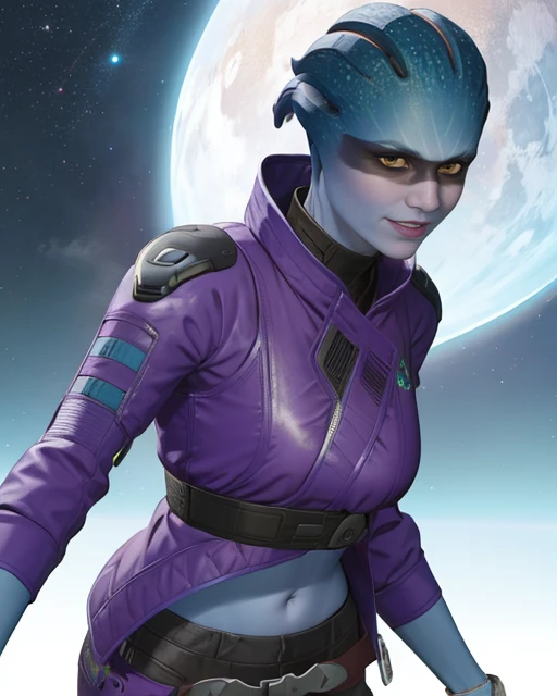 Peebee,blue skin, black eye paint, solo, upper body, smiling, close up,
PeBeG,purple jacket ,midriff,pants,belt ,black footwear ,gloves ,
space station, pond, neon lights,
(insanely detailed, beautiful detailed face, masterpiece, best quality) <lora:Peebee:0.8>