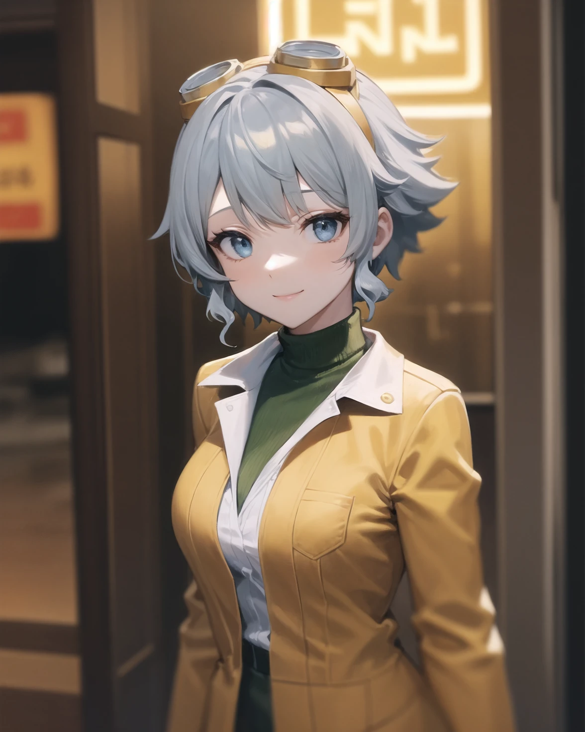 best quality, (masterpiece:1.2), illustration, absurdres,
(1girl, solo), (beautiful detailed girl),
<lora:Grace:0.9>, Grace Lynn, grey hair, short hair, blue eyes, medium breasts,
goggles, goggles_on_head, eyewear_on_head,
yellow coat, green sweater under coat, white_pantyhose, (brown_boots),
(upper body, portrait),,
city street, modern city, neon lights, night, (cyberpunk:0.8),,
smile, looking at viewer,