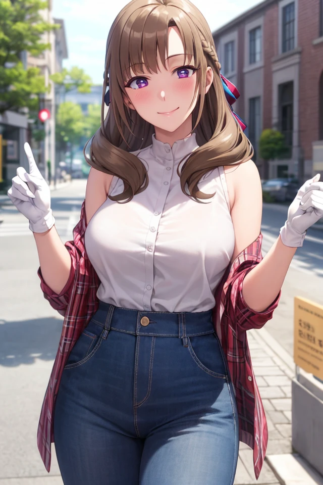 masterpiece, (best quality), 1woman,1girl ,mamako_oosuki,   brown hair,  long hair, french braid, purple eyes,mature female, white shirt, pants, sweater,big breasts, ribbon,sexy woman,smile,  white gloves,closed clothes, embarrassed,blush,  bare shoulders, vibrant colors ,natural lighting  ,RTX,  , beautiful, (detailed face:1.2), showcase, (perfect eyes:1.1) ,(photorealistic:1.1), 8k uhd,  looking at viewer, outdoors,  simple backround,