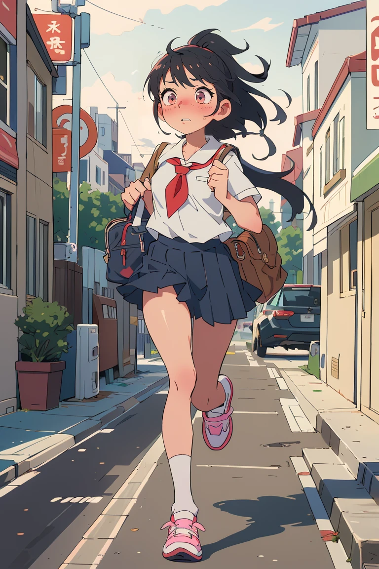 (masterpiece, best quality), 1girl, school uniform, bag, hime cut, running, street, morning, parted lips, wind, embarrassed,