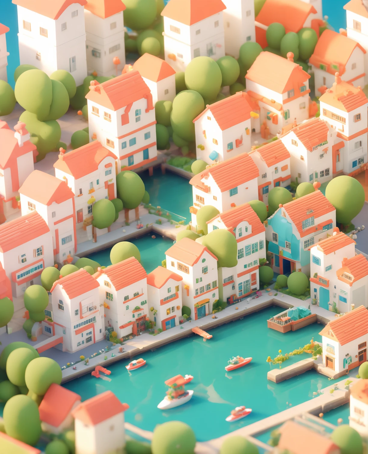 mini Europe city, macro shot, sea, beach, bay,c4d, <lora:C4D:1>