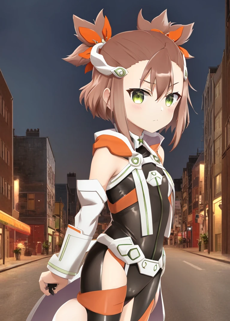 (( city,detailed background,Street)),((upper body)),
 <lora:Doi_Tamako-10:0.8>,1girl, solo,short hair, brown hair, hair ornament, green eyes, hair ribbon,bodysuit, short twintails,detached sleeves, black thighhighs, thigh boots, thighhighs, hair ribbon, Green stripes,