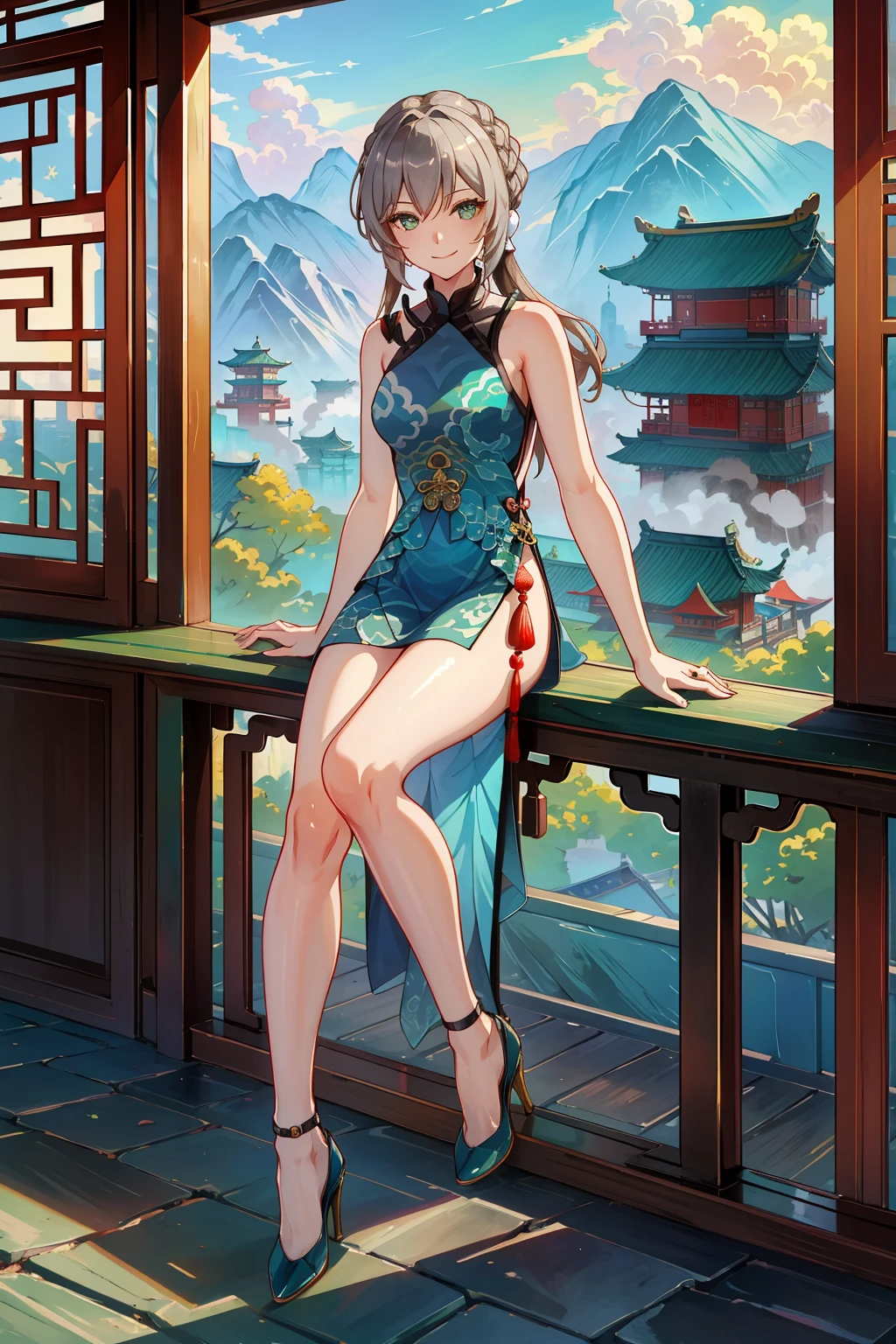 ((masterpiece,best quality)), highres, 1girl, qingque, china dress, bare arms, high heels, smile, closed mouth, east asian architecture,