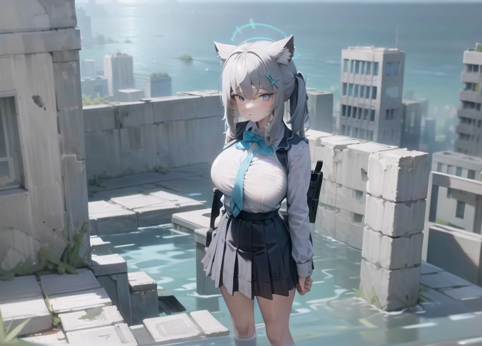 fake screenshot,masterpiece, best quality, absurdres, ruins, city,building,ocean, 1girl, solo, standing, close-up, rooftop, looking at viewer, sunlight, sunbeam, cloudy sky, , mossy, overgrown, decay, rubble, debris, water , school uniform,huge breasts , <lora:GoodHands-beta2:1>, <lora:Submerged ruins-v1.1-000004:0.6>, <lora:sunaookamiShiroko_v1:1>,school uniform, animal ears,