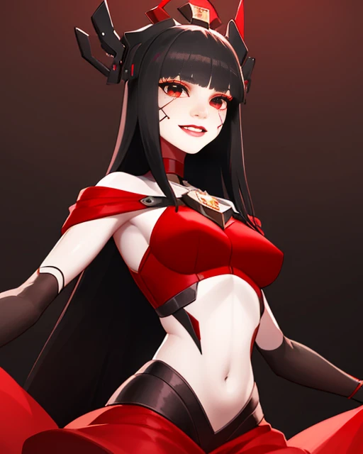 Ambra,long black hair, red eyes ,blunt bangs, body lines, solo, floating, smiling,
AmDre,red skirt, red top, midriff, bare shoulders, gauntlets, red choker,
cyberpunk background, red themed background, stars,
(insanely detailed, beautiful detailed face, masterpiece, best quality) <lora:Ambra:0.8>