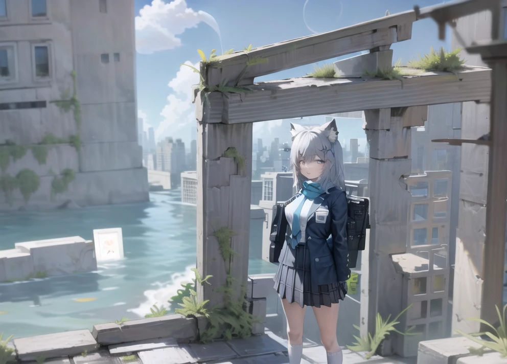 fake screenshot,masterpiece, best quality, absurdres, ruins, city,building,ocean, 1girl, solo, standing, close-up, rooftop, looking at viewer, sunlight, sunbeam, cloudy sky, , mossy, overgrown, decay, rubble, debris, water , school uniform,huge breasts , <lora:GoodHands-beta2:1>, <lora:Submerged ruins-v1.1-000004:0.6>, <lora:sunaookamiShiroko_v1:1>,school uniform, animal ears,