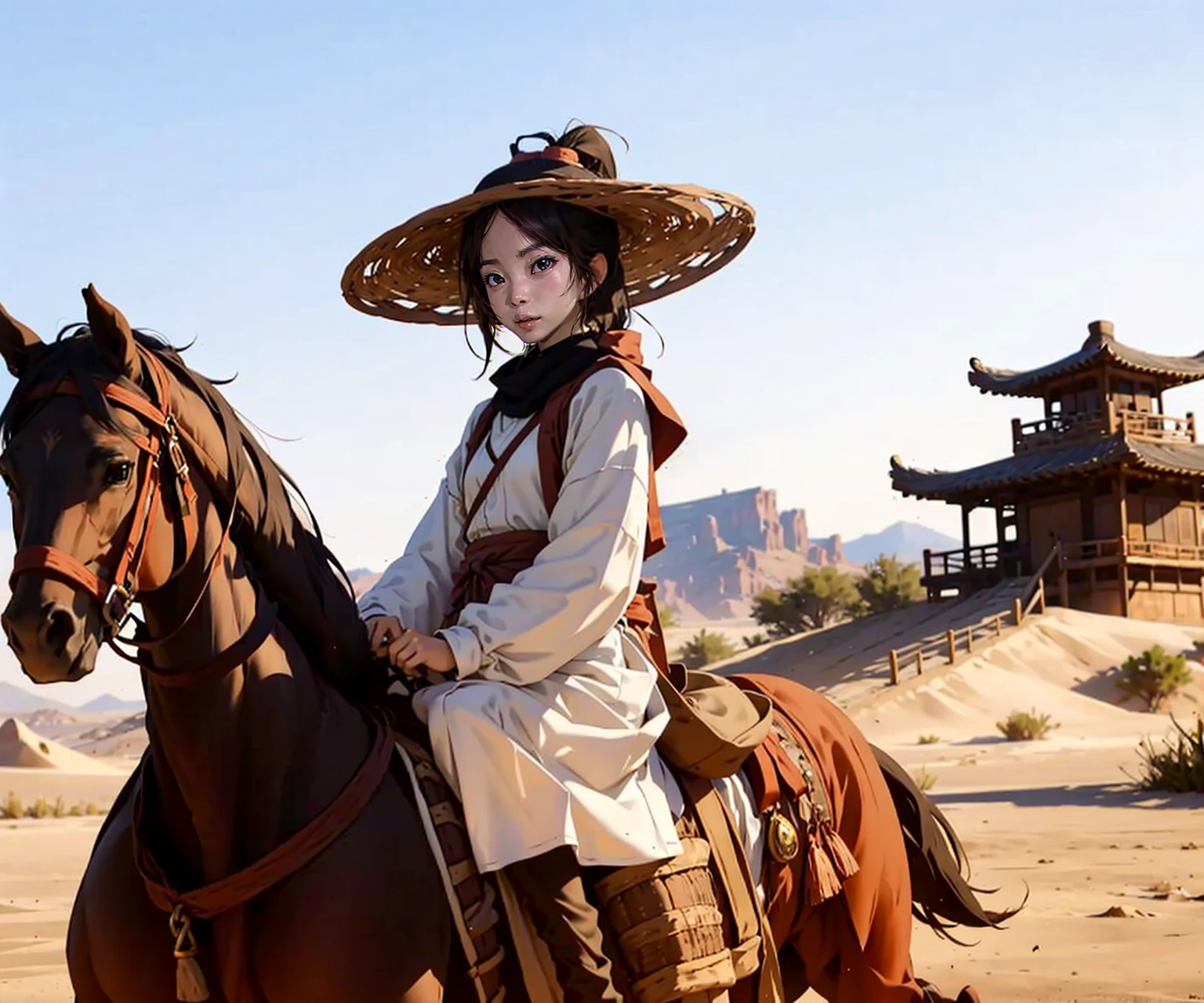 1girl dress like movie New Dragon Gate Inn, desert, sand, bamboo_hat, horseback_riding, horse, outdoors, riding, masterpiece, best quality, 8k,
<lora:bamboohat_v2:0.66>