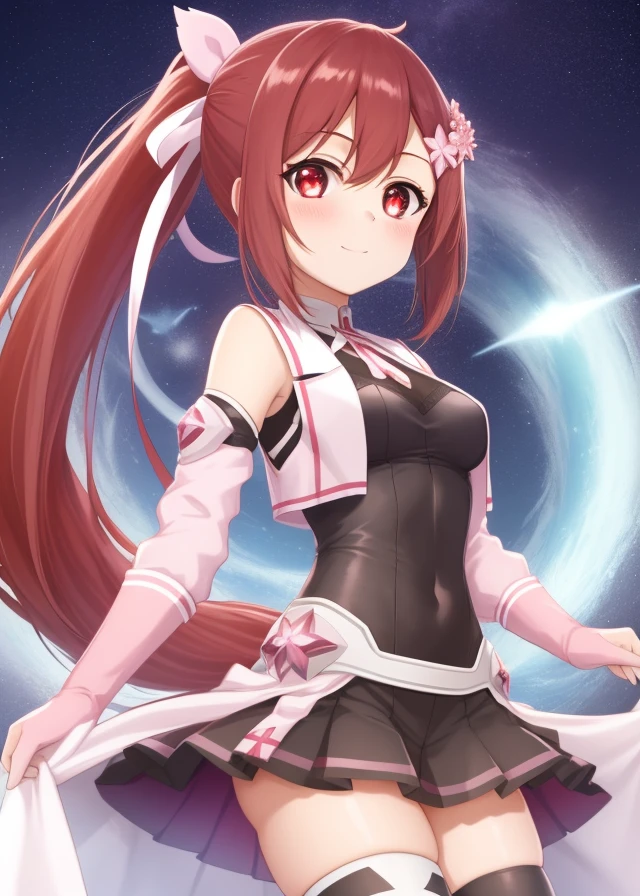 <lora:Takashima_Yuna-10:0.7>,1girl, solo, looking at viewer, hair ornament, red eyes, thighhighs, ribbon, very long hair, hair ribbon, ponytail, red hair, hair flower, side ponytail, magical girl,